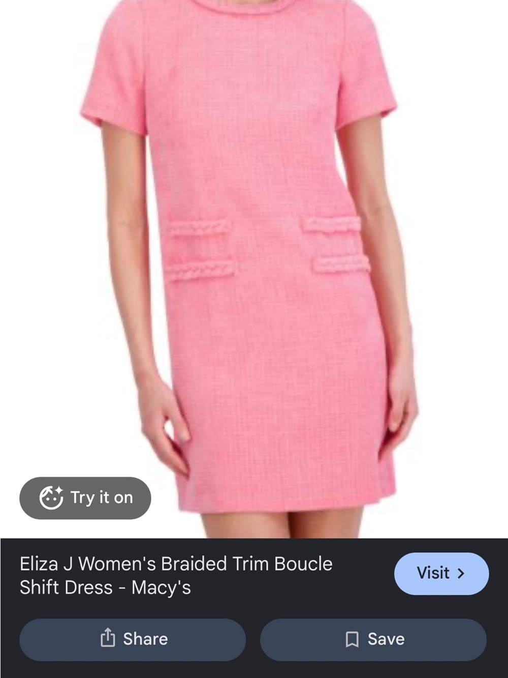 Eliza J Pink Bouclé Shift Dress with Braided Pocket Trim